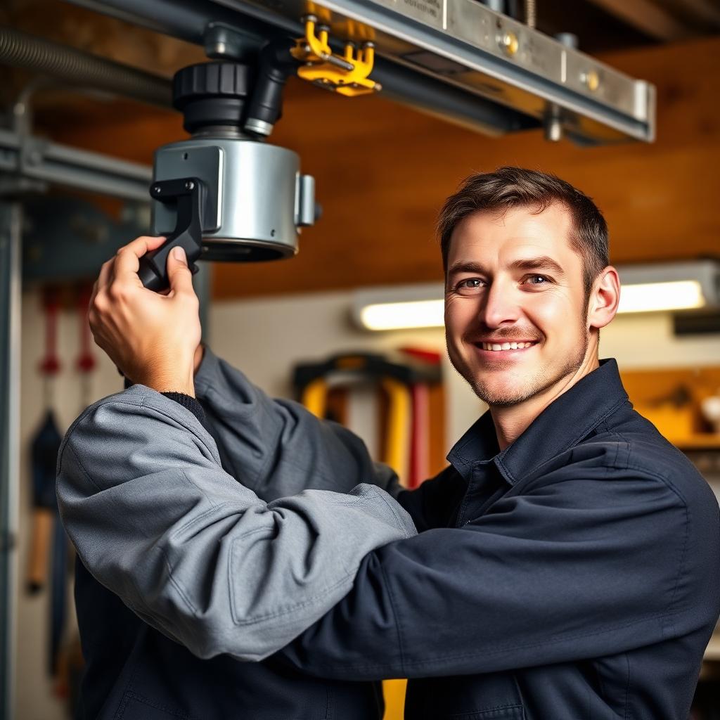 Professional garage door technician performing spring adjustment and maintenance